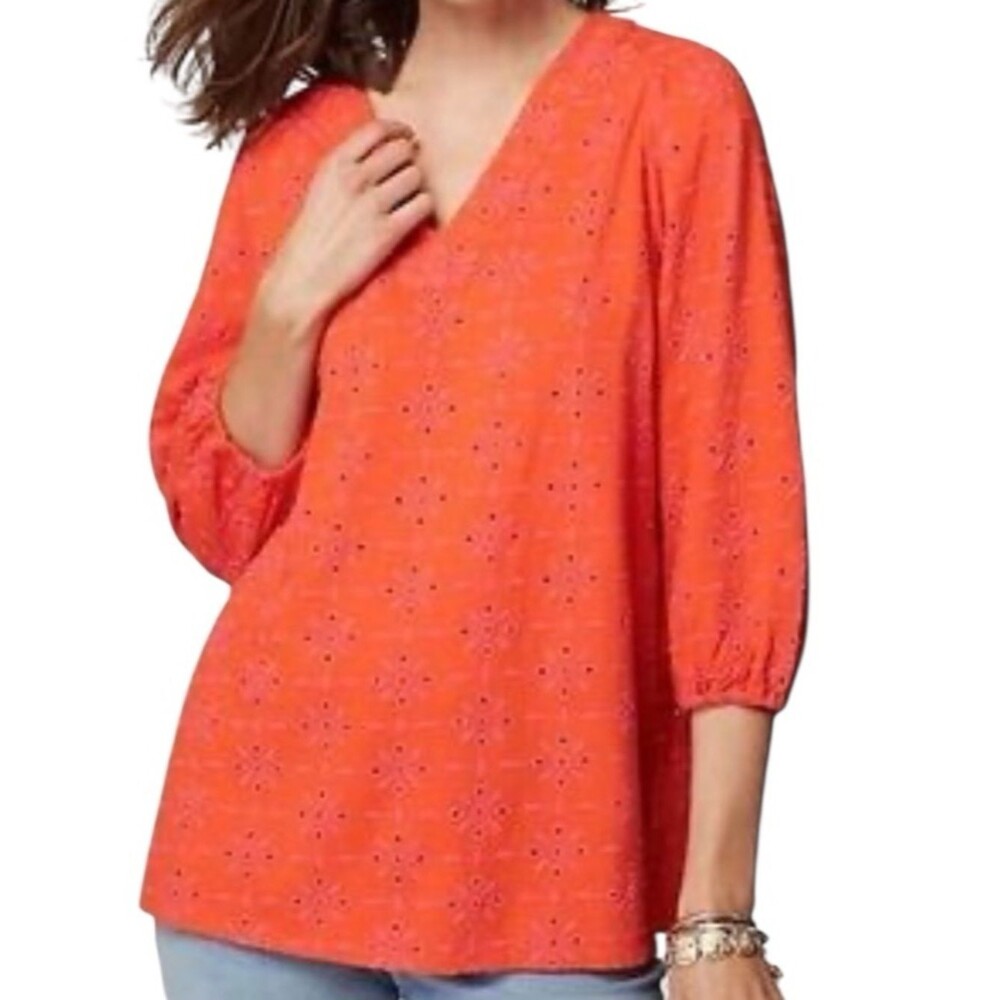 J. JILL  Orange and Bright Pink Embroidered Eyelet Tunic Top